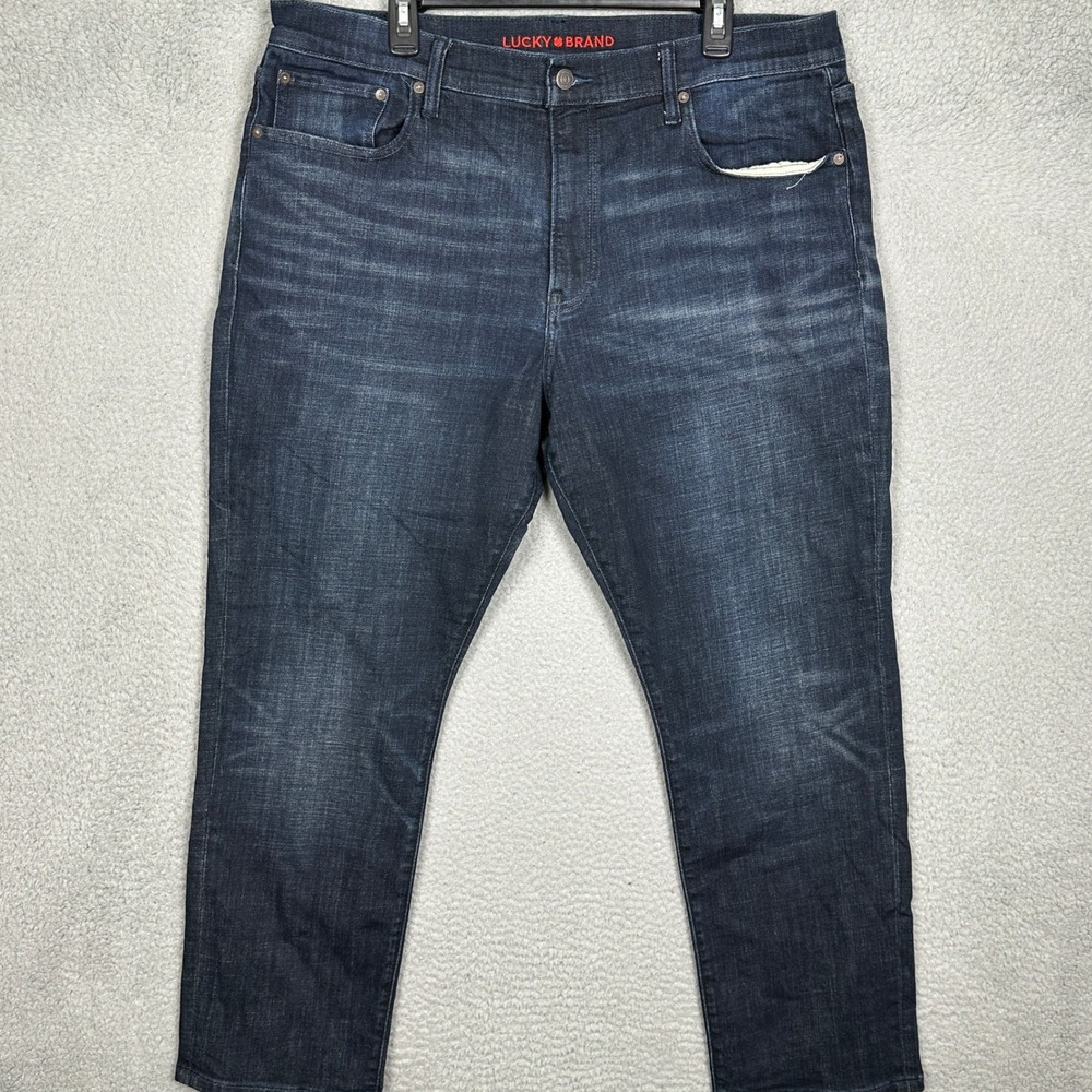 Lucky Brand 410 Jeans Mens 38X30 Athletic Straight Dark Blue Distressed Denim